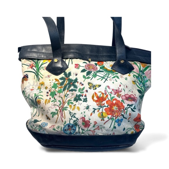 🌸 Gucci Large Flora Vintage Canvas Tote Bag Blue Leather Trim Floral Print - Picture 11 of 12